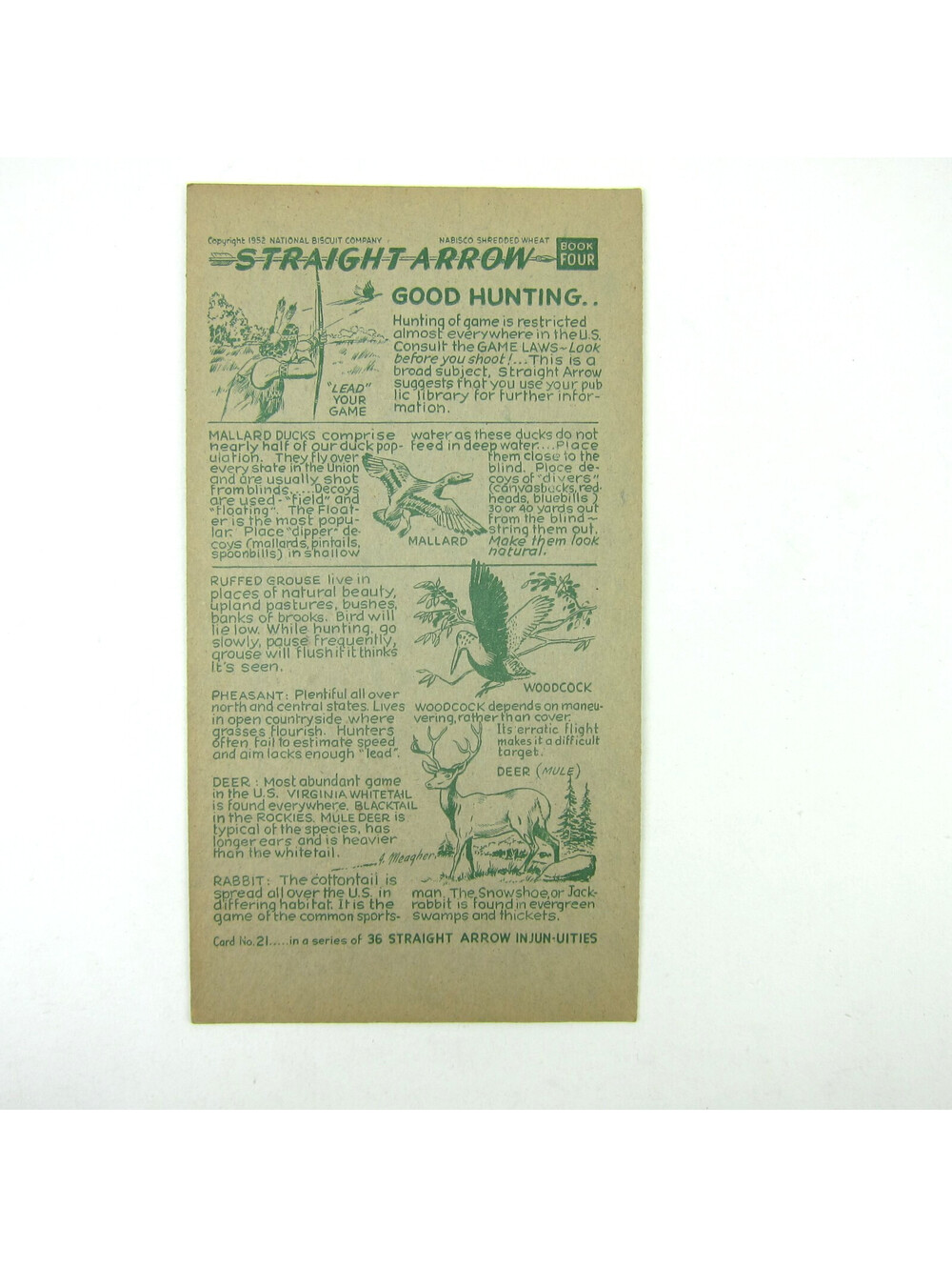 Nabisco Shredded Wheat Straight Arrow Indian Book 4 Card 21 Hunting Vintage 1952